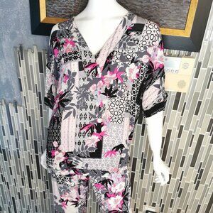 Natori Floral Print Rayon Pajama Set Pants Shirt Womens Medium Soft Cozy 0467